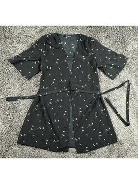 Disturbia Womens Blithe Kimono Wrap Dress  6 Black Dandelion Tie Belt